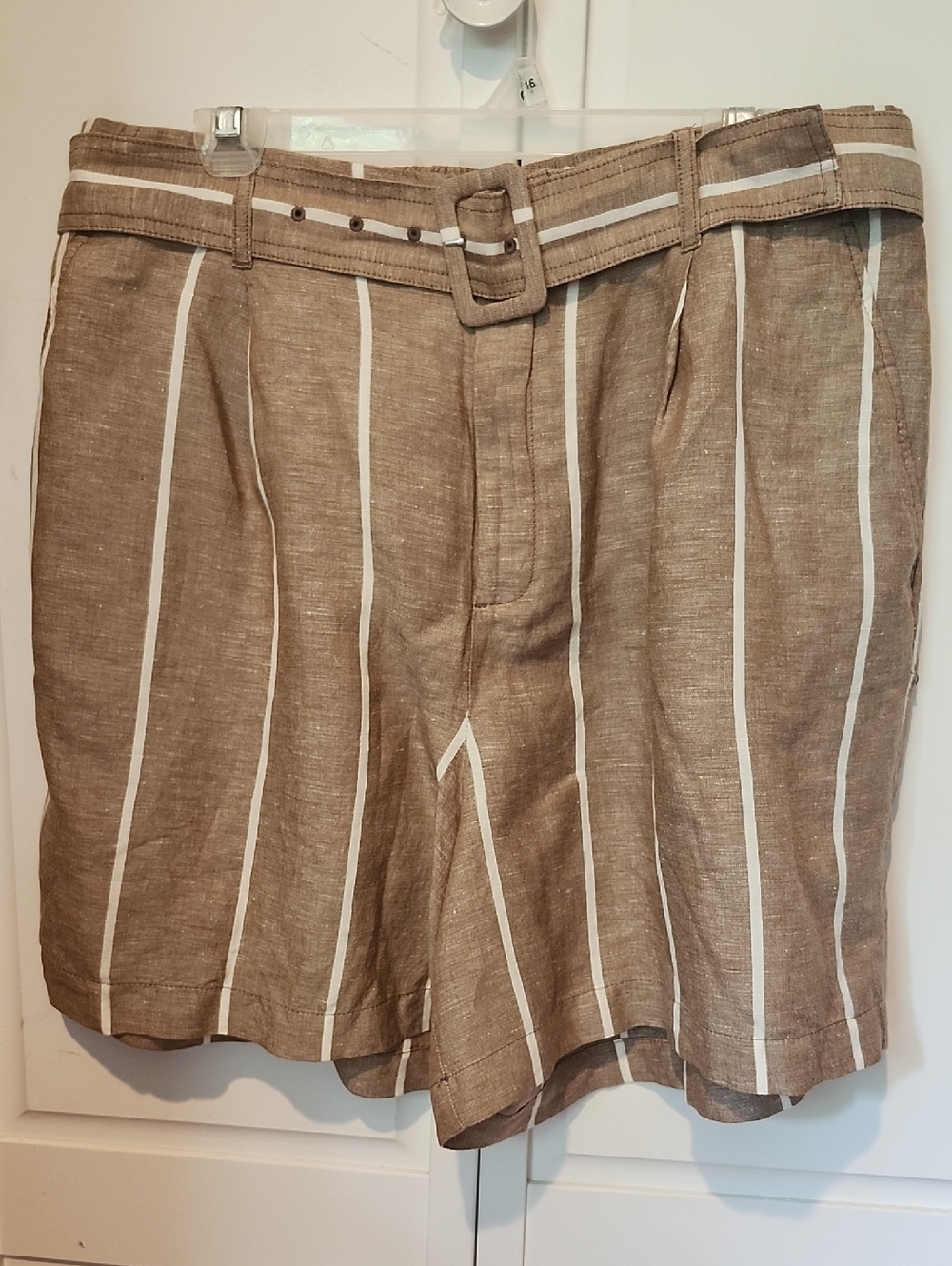 A New Day Tan and White Vertical Stripe Flat Front Shorts with Belt